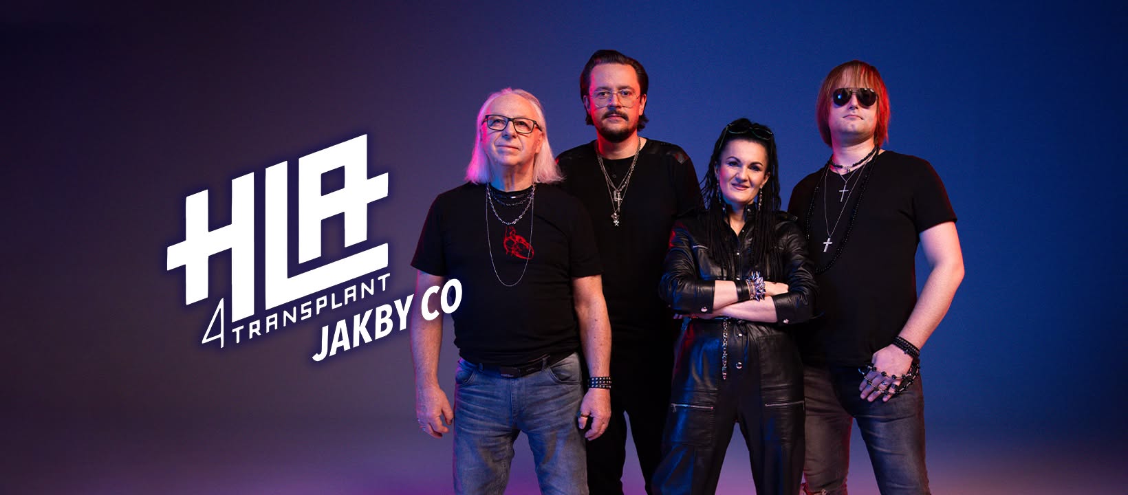 Czworo muzyków HLA4 Transplant na fioletowo-granatowym tle, obok logo zespołu i napis Jakby co